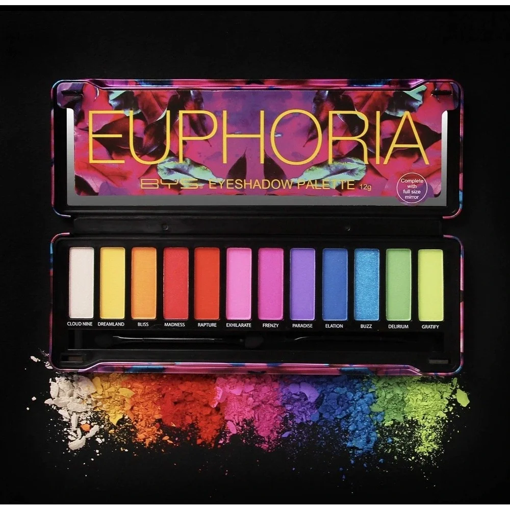 BYS Eyeshadow Palette Tin with Mirror and Applicator 12 Shades (1, Euphoria) NIB